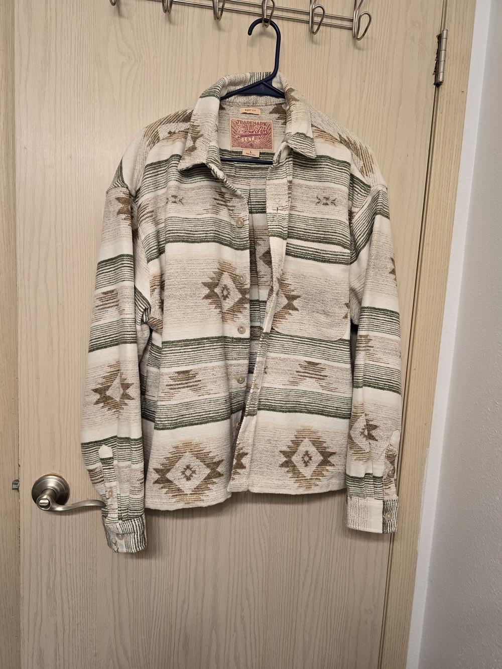 Crown Cream, Green & Brown Geometric Button-Down Shirt Jacket